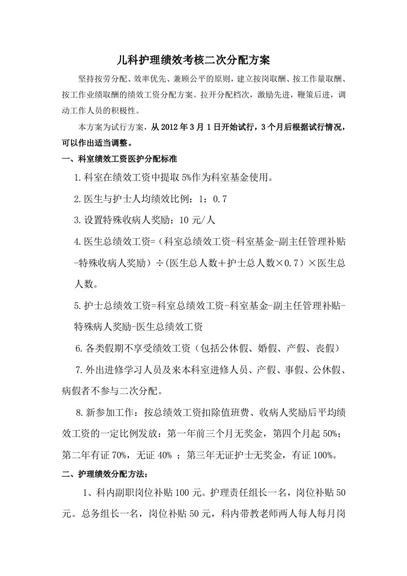 儿科护理人员奖金分配表