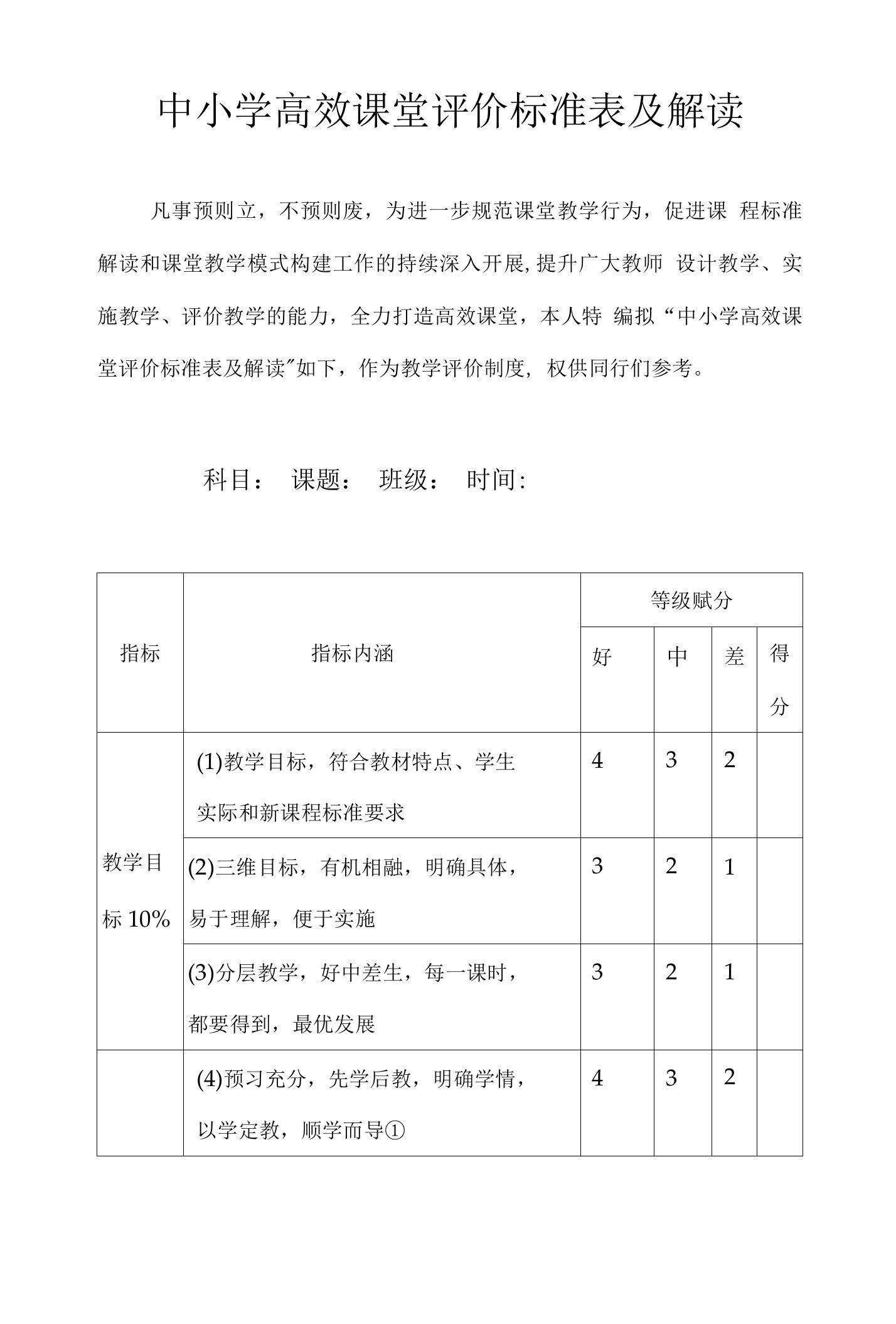 中小学高效课堂评价标准表及解读