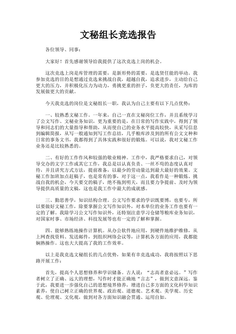 文秘组长竞选报告