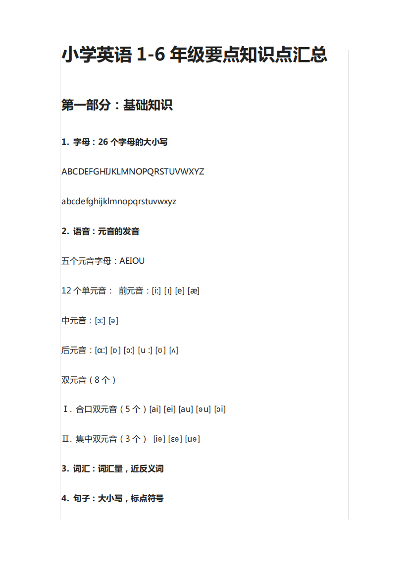 小学英语1-6年级要点知识点汇总