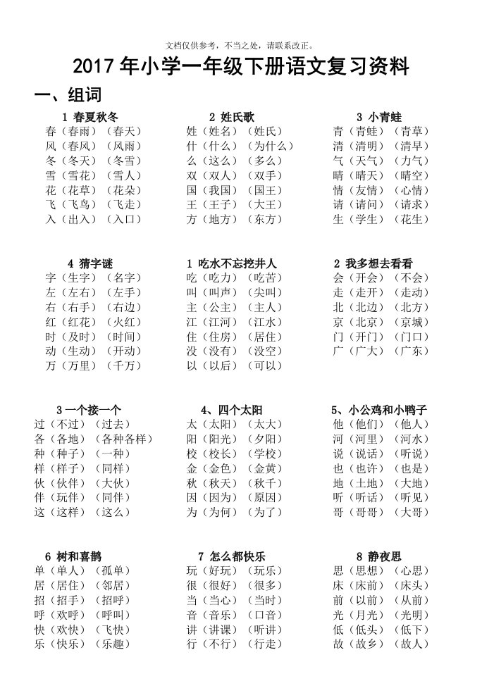 部编教材小学一年级下册语文复习资料