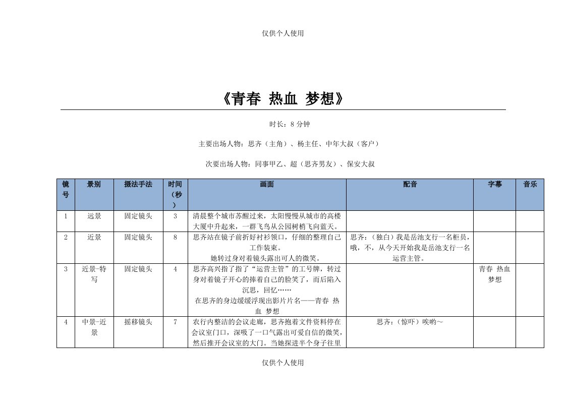 《青春-热血-梦想》剧本分镜脚本