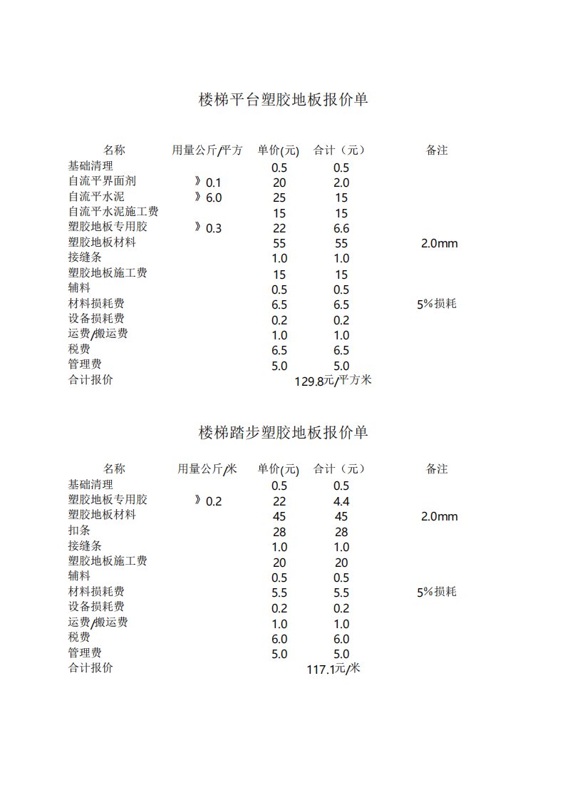 塑胶地板报价单