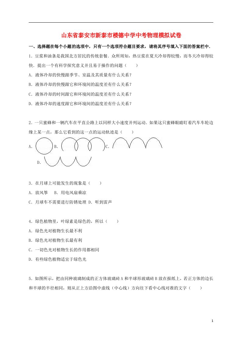 山东省泰安市新泰市楼德中学中考物理模拟试题（含解析）