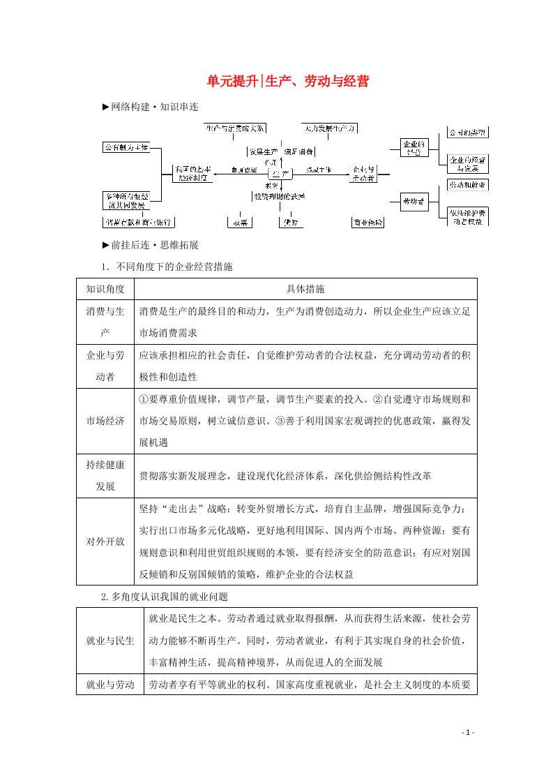 2021届高考政治一轮复习第2单元生产劳动与经营学案必修1