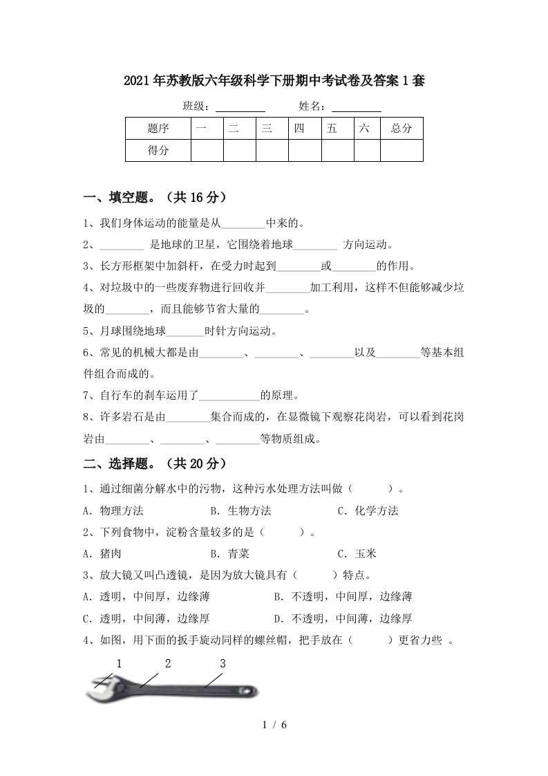 2021年苏教版六年级科学下册期中考试卷及答案1套