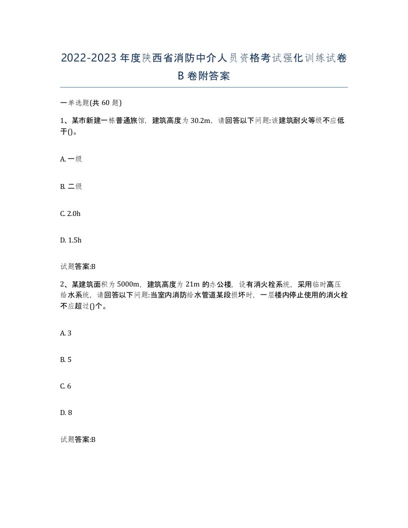 2022-2023年度陕西省消防中介人员资格考试强化训练试卷B卷附答案