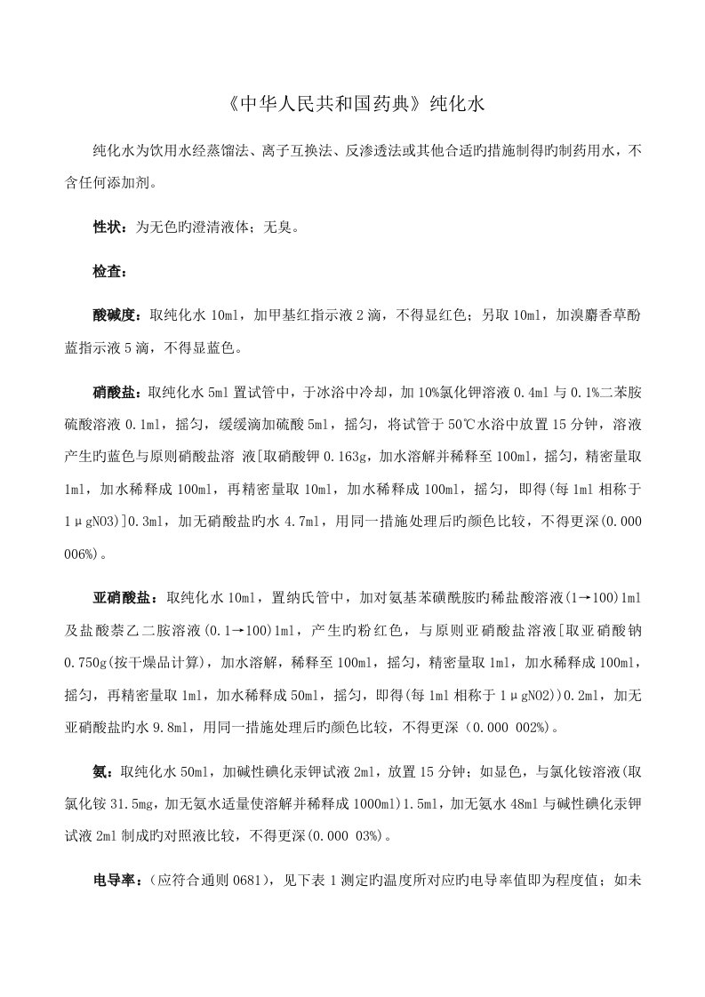 纯化水质量标准检查项目表及验证检测周期