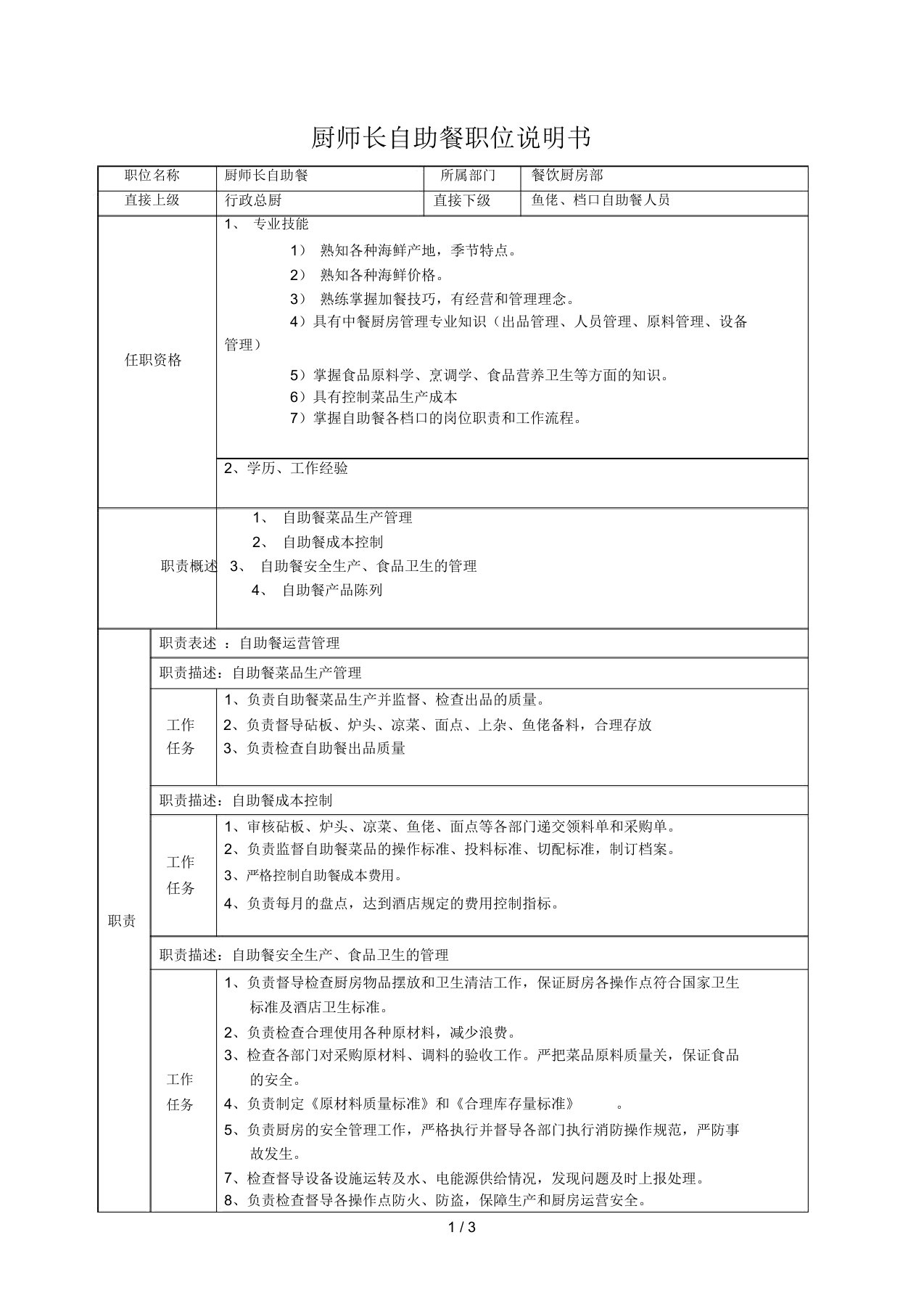 自助餐厨师长岗位说明书