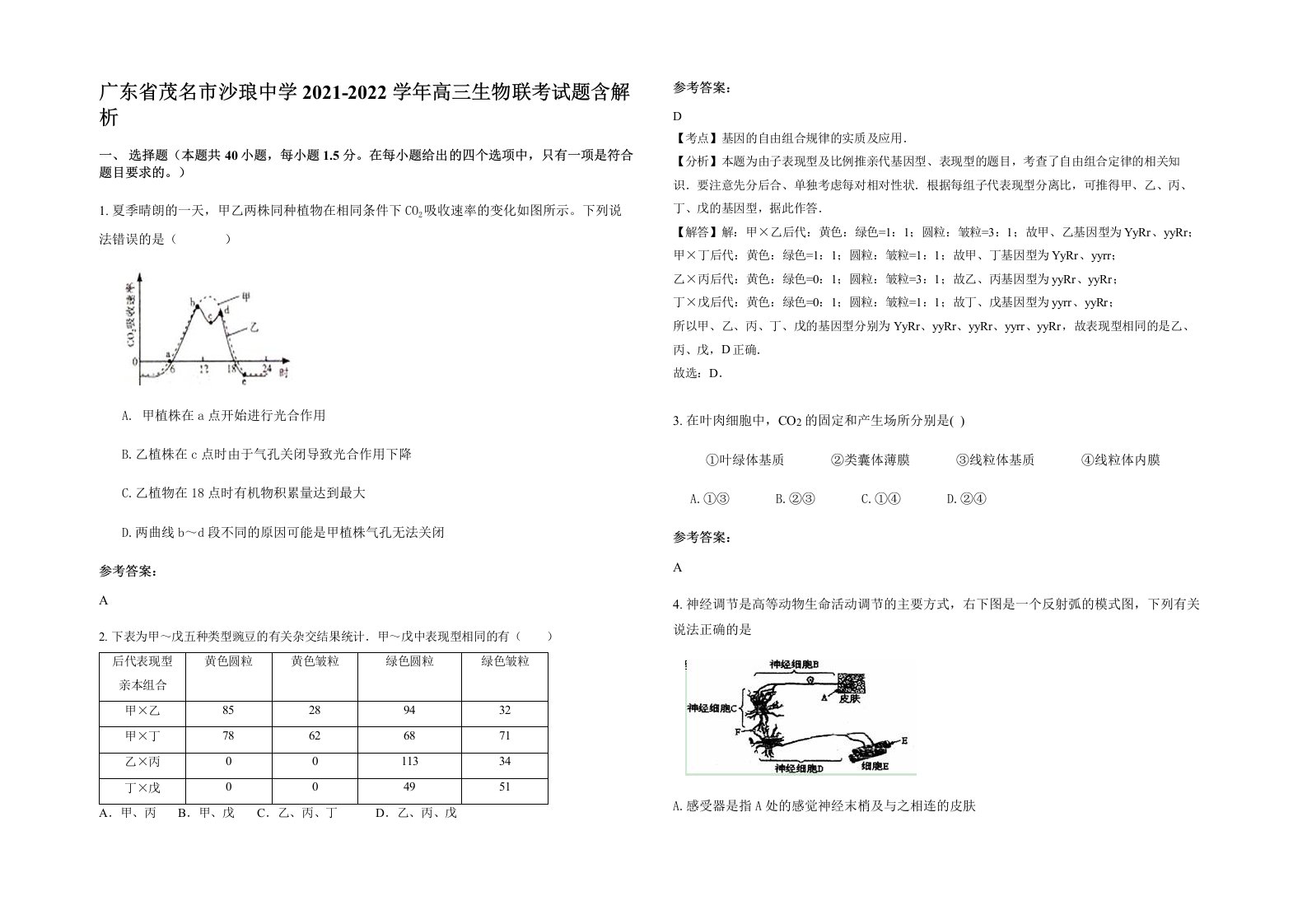 广东省茂名市沙琅中学2021-2022学年高三生物联考试题含解析