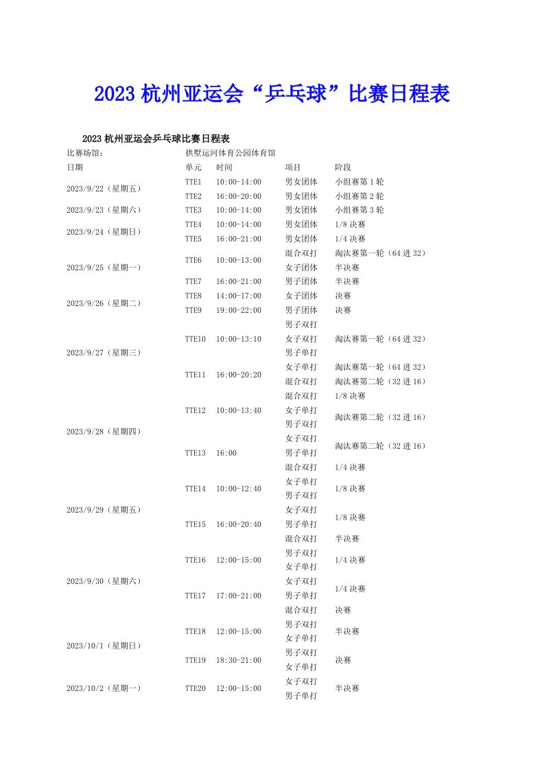 2023杭州亚运会“乒乓球”比赛日程表