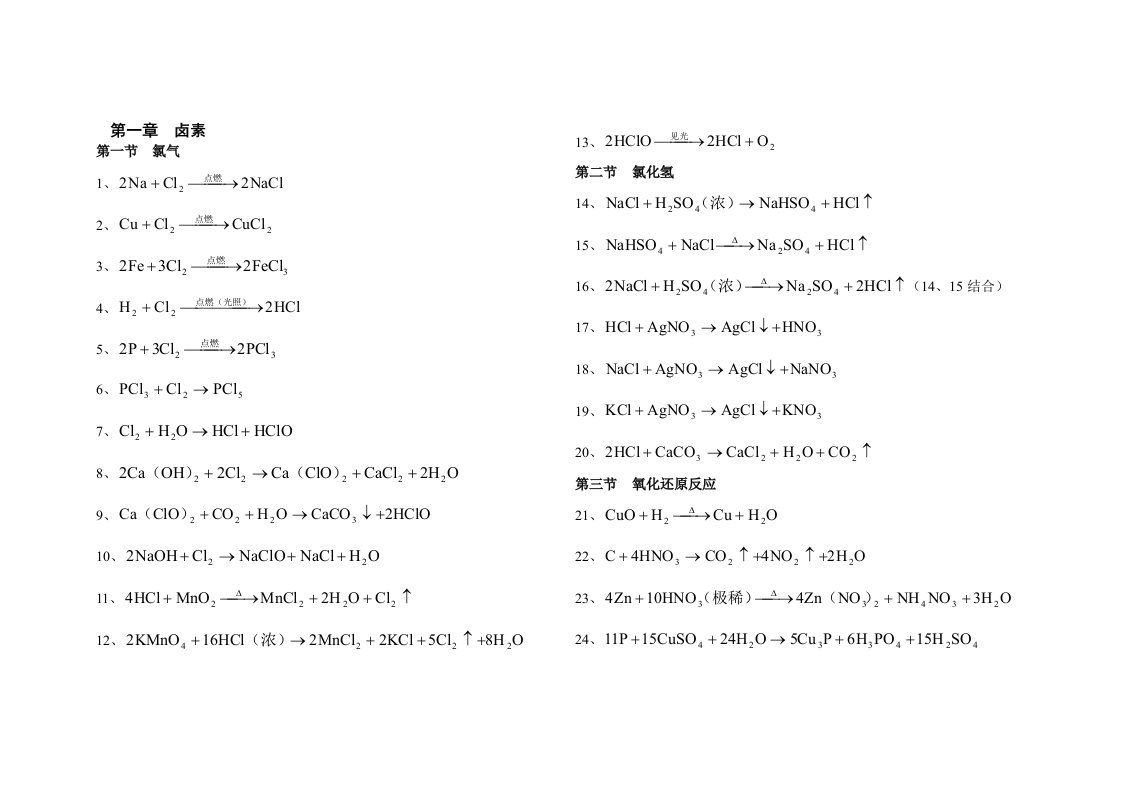 高中化学方程式大全完整可打印版