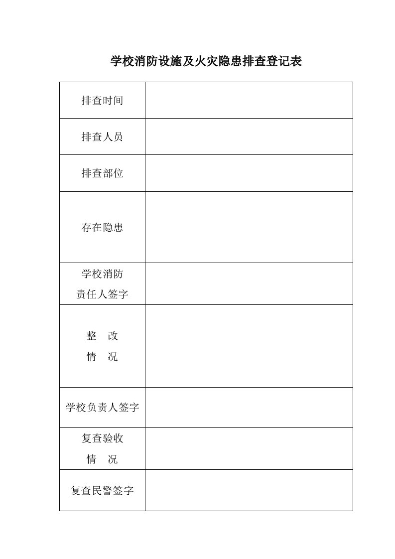 学校消防设施及火灾隐患排查登记表