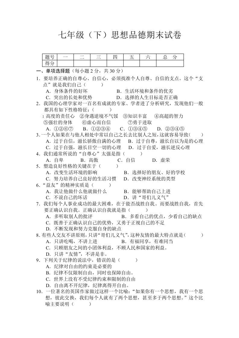 粤教版-七年级(下)思想品德期末试卷