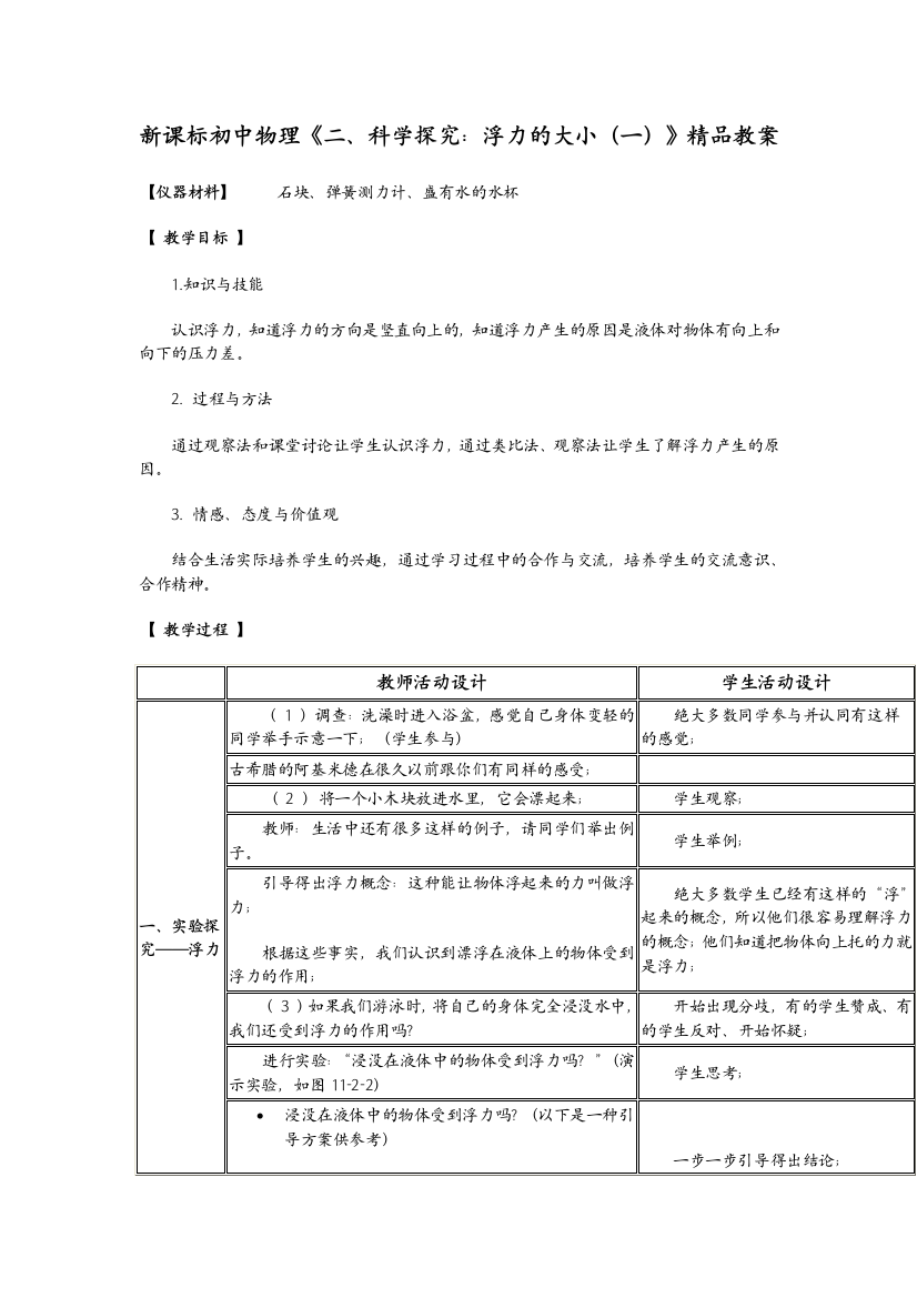 初中物理科学探究浮力的大小一