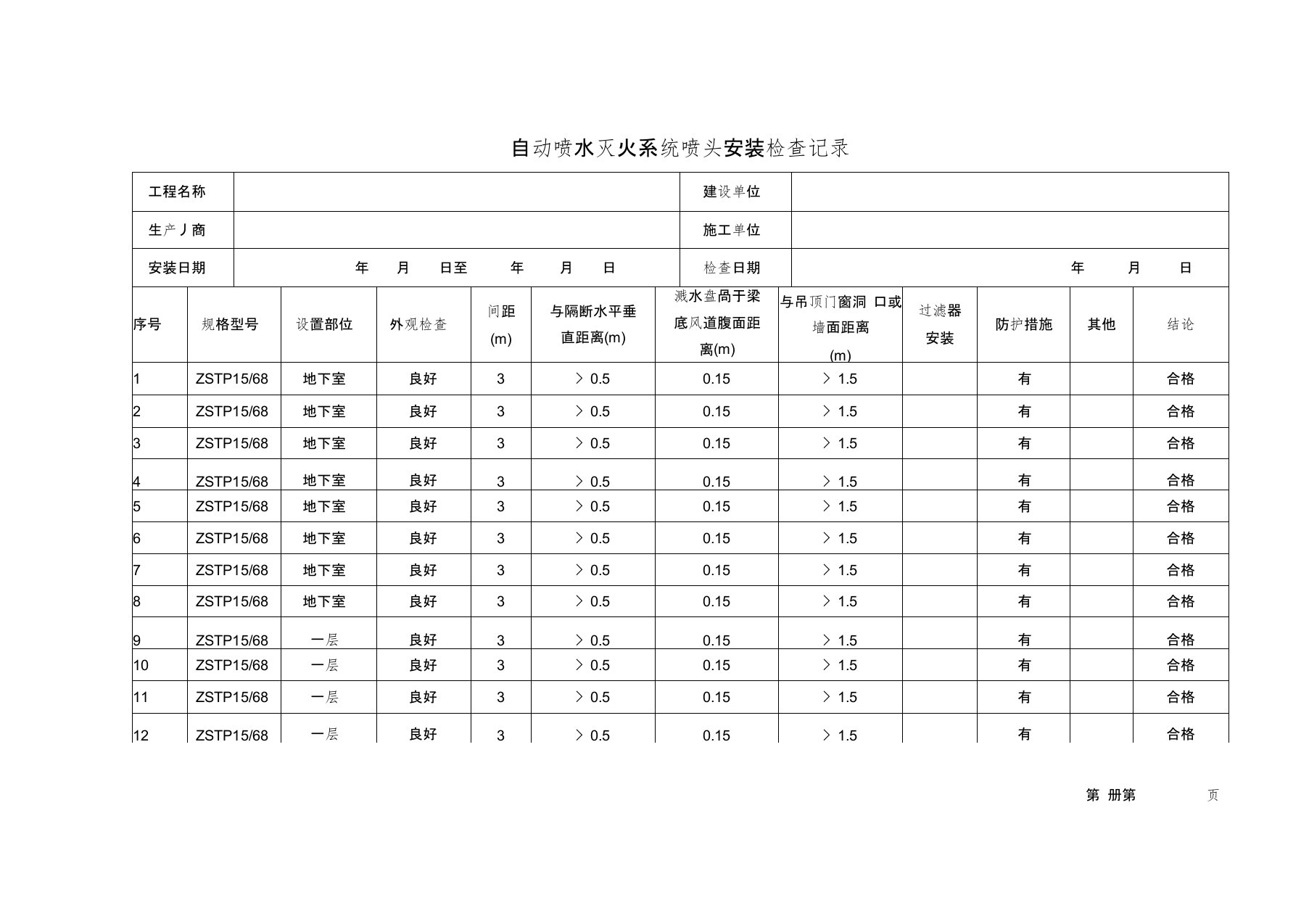 自动喷水灭火系统喷头安装检查记录