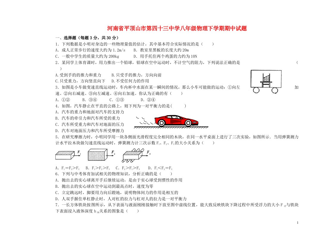 河南省平顶山市第四十三中学八级物理下学期期中试题