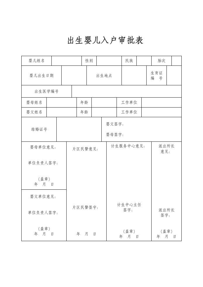 出生婴儿入户审批表