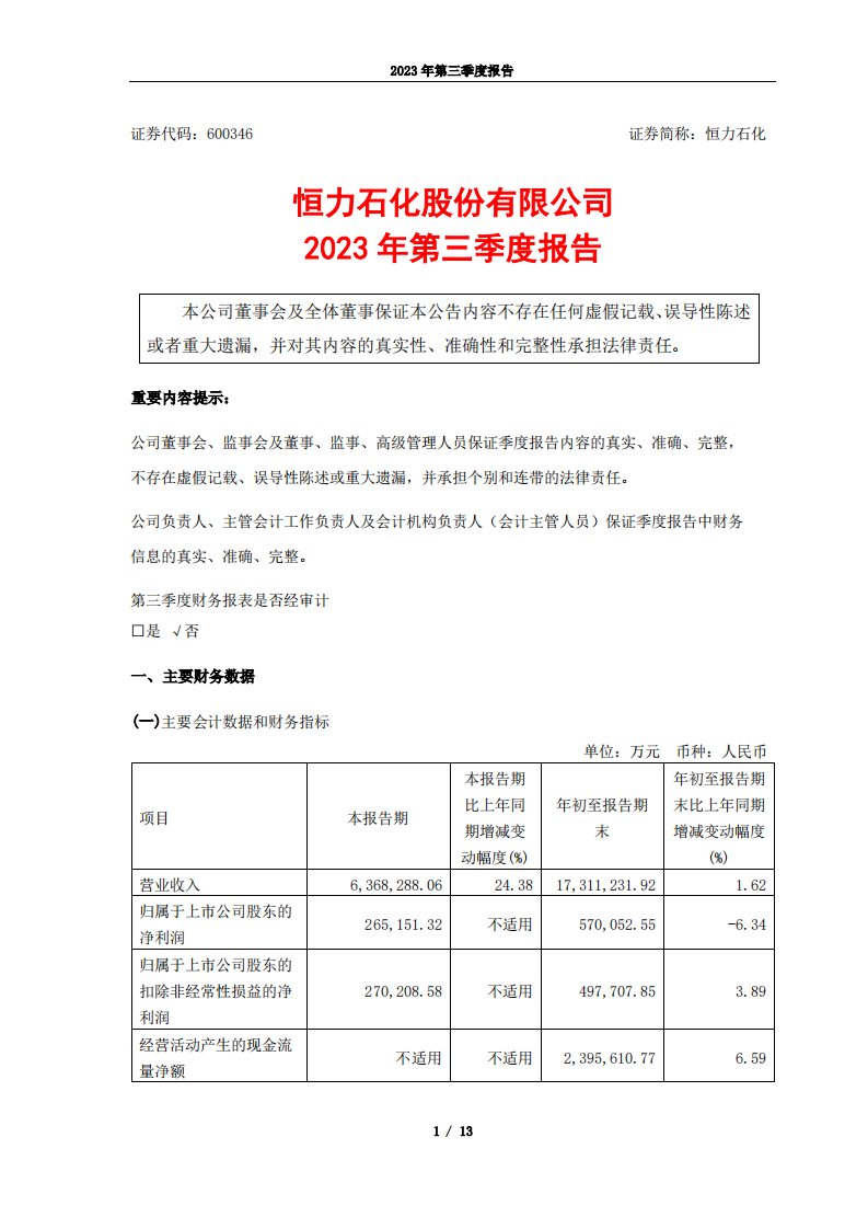 上交所-恒力石化2023年第三季度报告-20231027