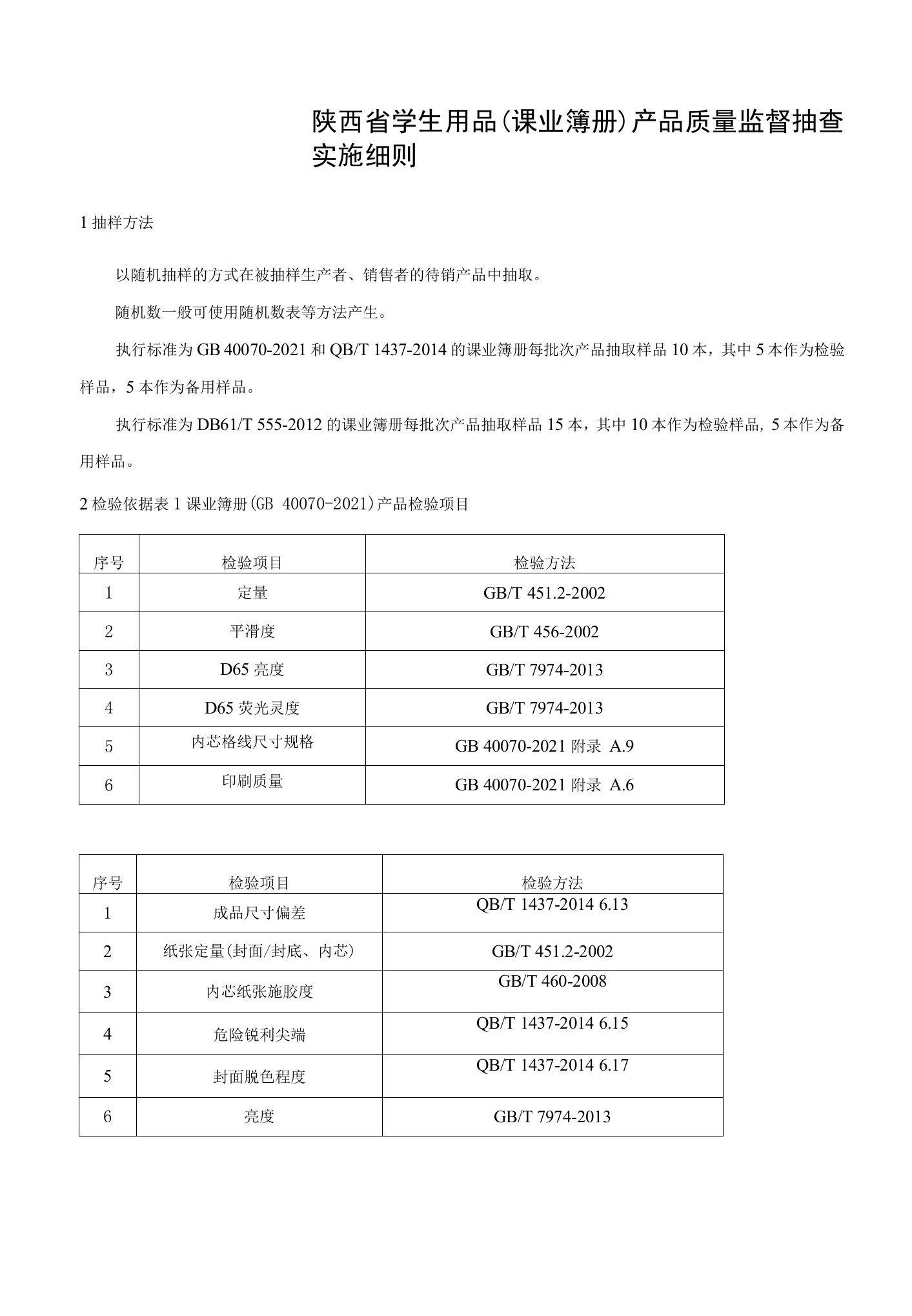 陕西省学生用品课业簿册产品质量监督抽查实施细则