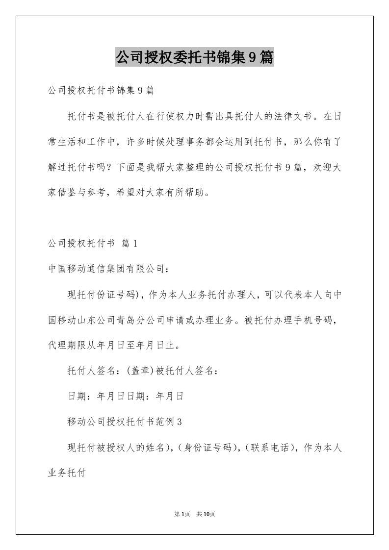 公司授权委托书锦集9篇范文