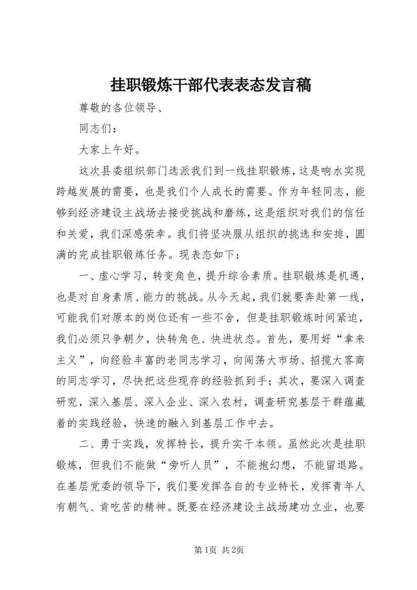 挂职锻炼干部代表表态发言稿