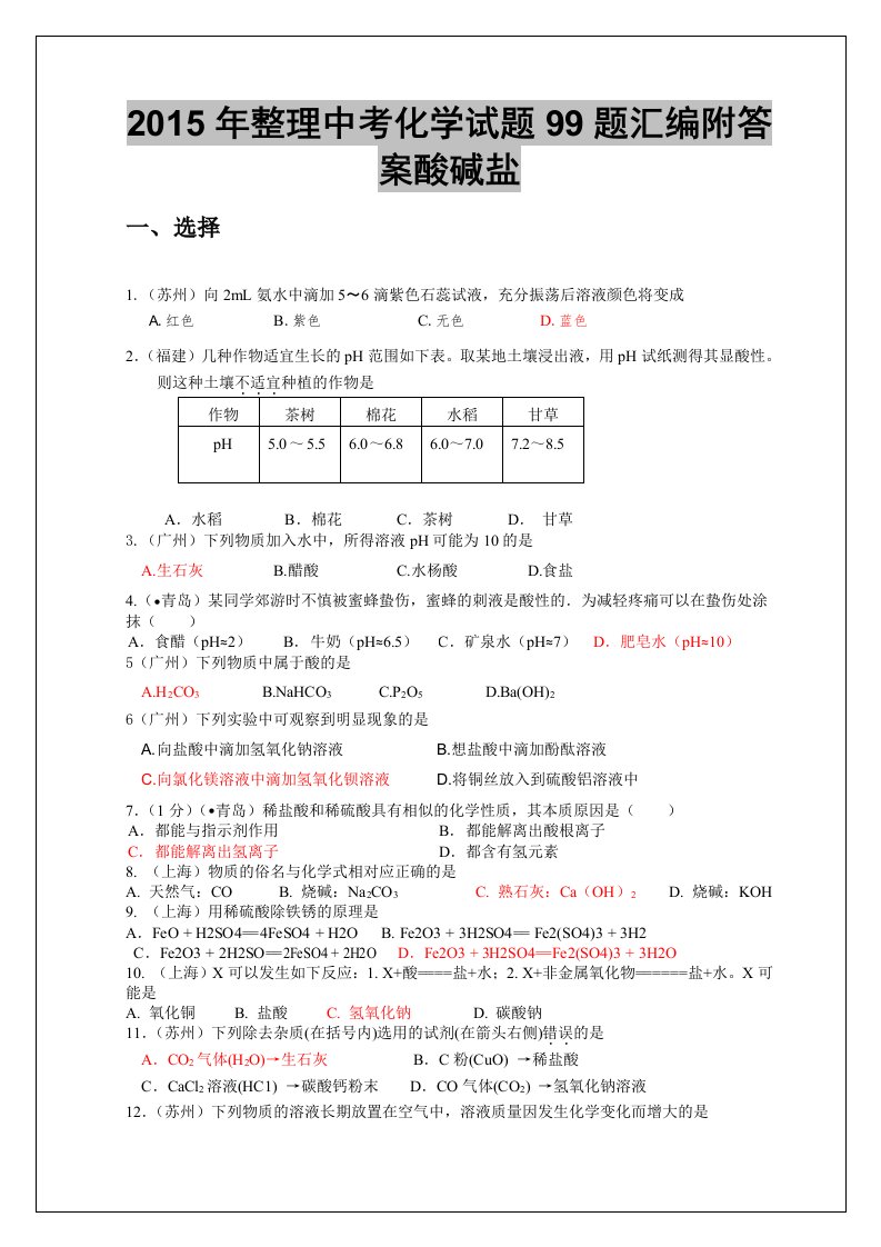 2015年整理中考化学试题99题汇编附答案酸碱盐