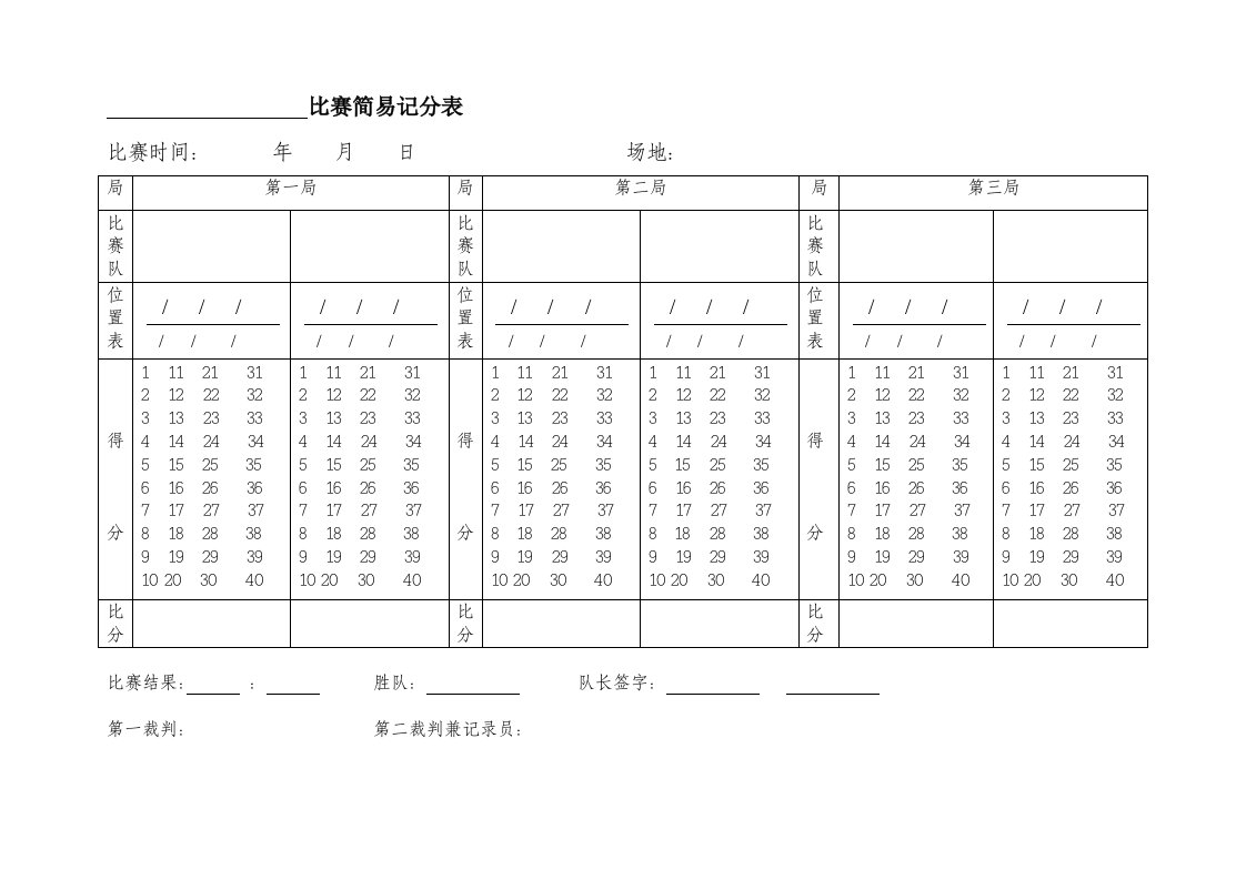 排球赛简易记分表、得失分统计表