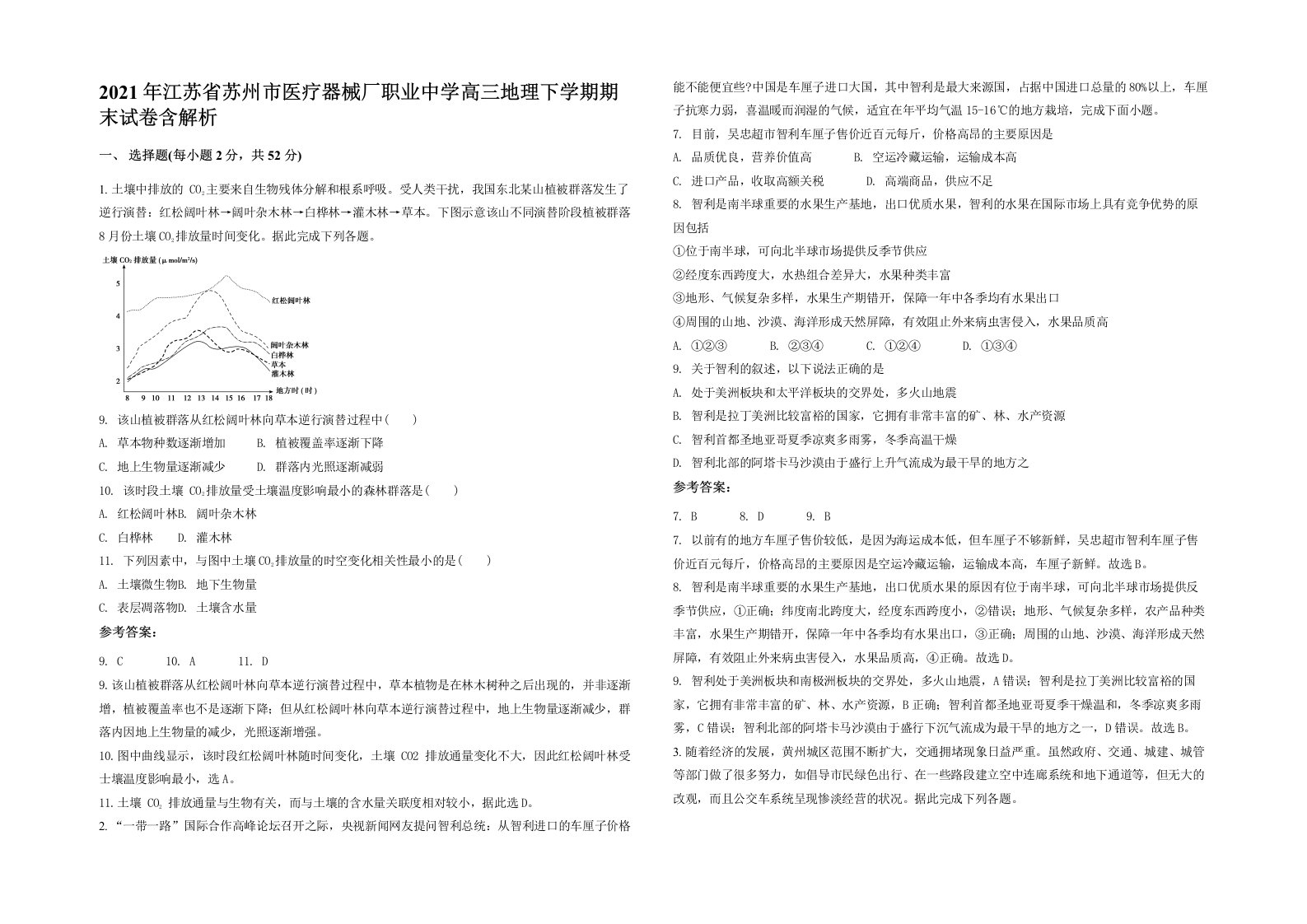 2021年江苏省苏州市医疗器械厂职业中学高三地理下学期期末试卷含解析