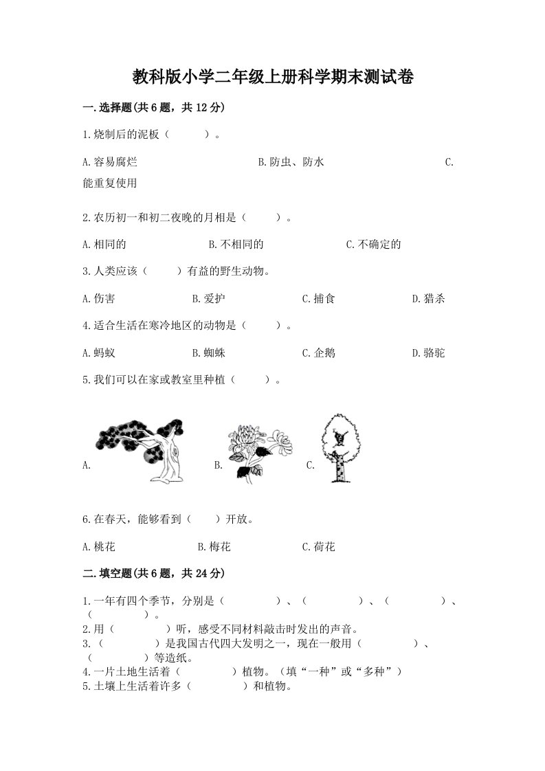 教科版小学二年级上册科学期末测试卷含答案（实用）