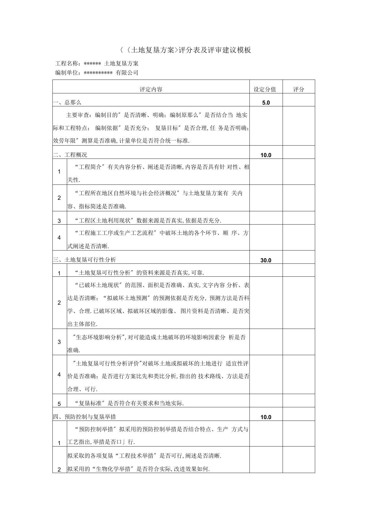 土地复垦方案评分表及评审意见