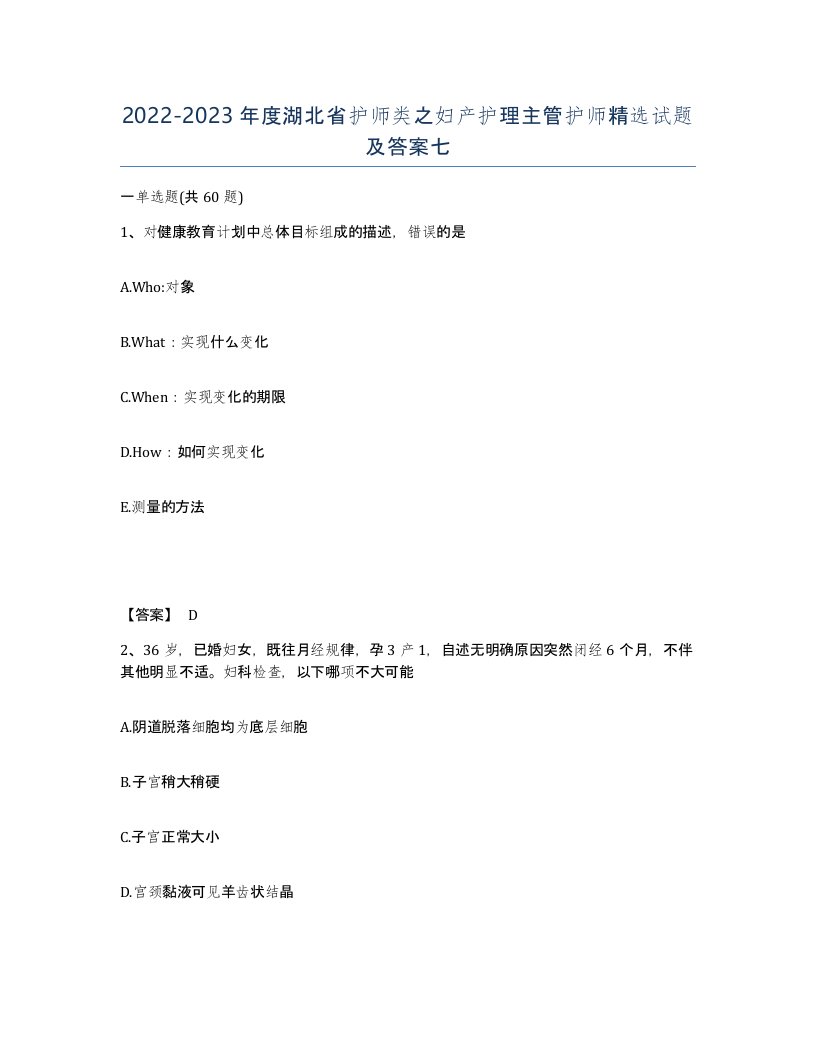 2022-2023年度湖北省护师类之妇产护理主管护师试题及答案七