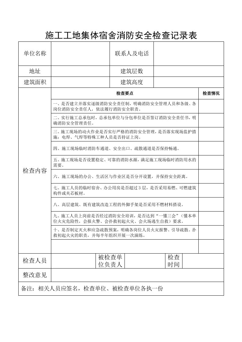 施工工地集体宿舍消防安全检查记录表