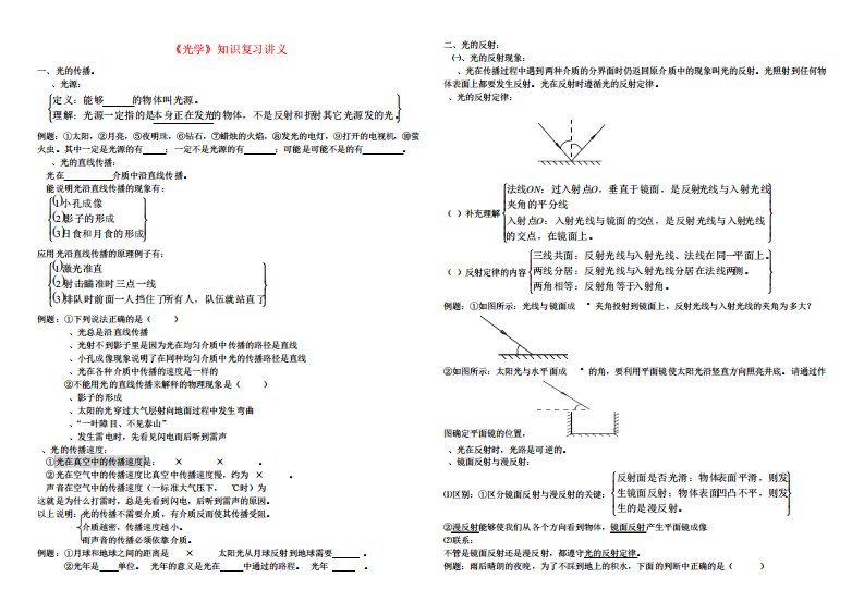 中考物理专题复习光学知识讲义沪科