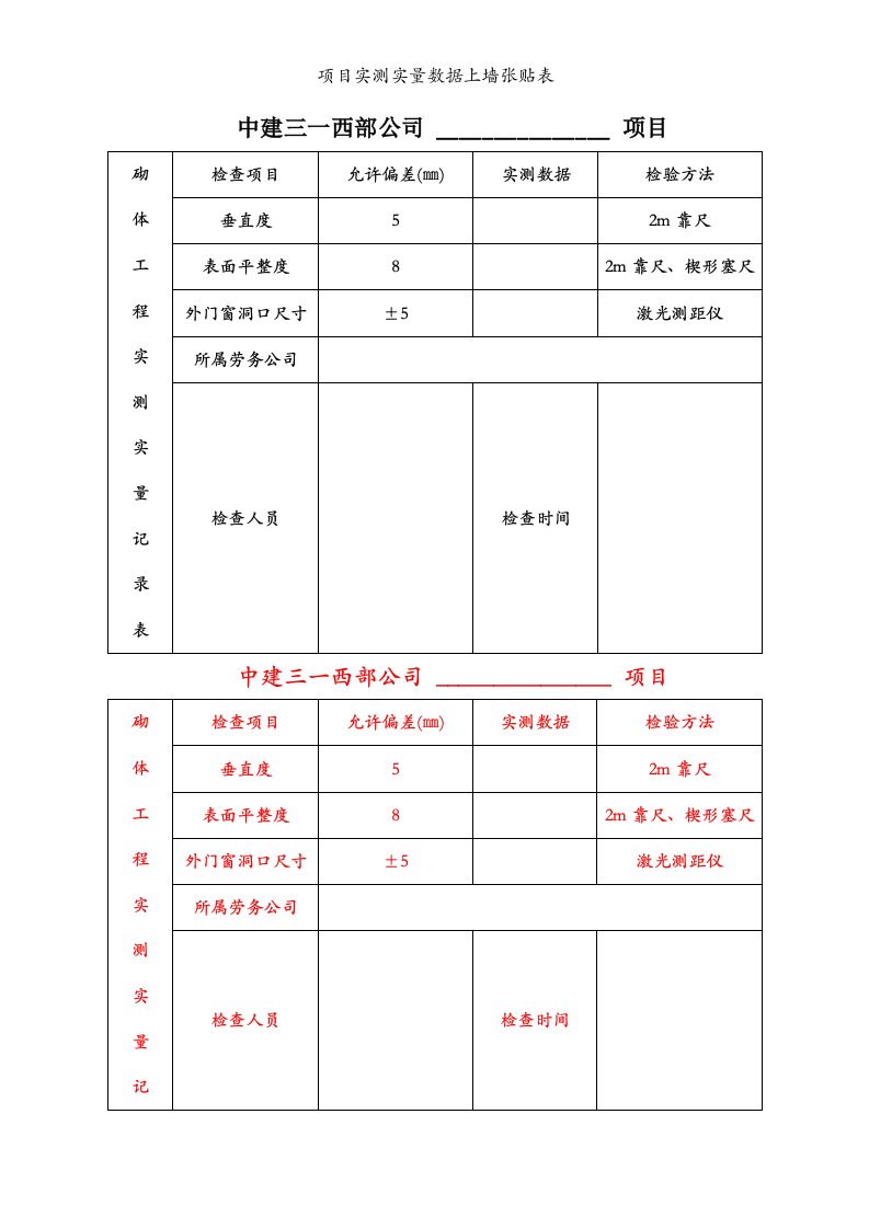 项目实测实量数据上墙张贴表