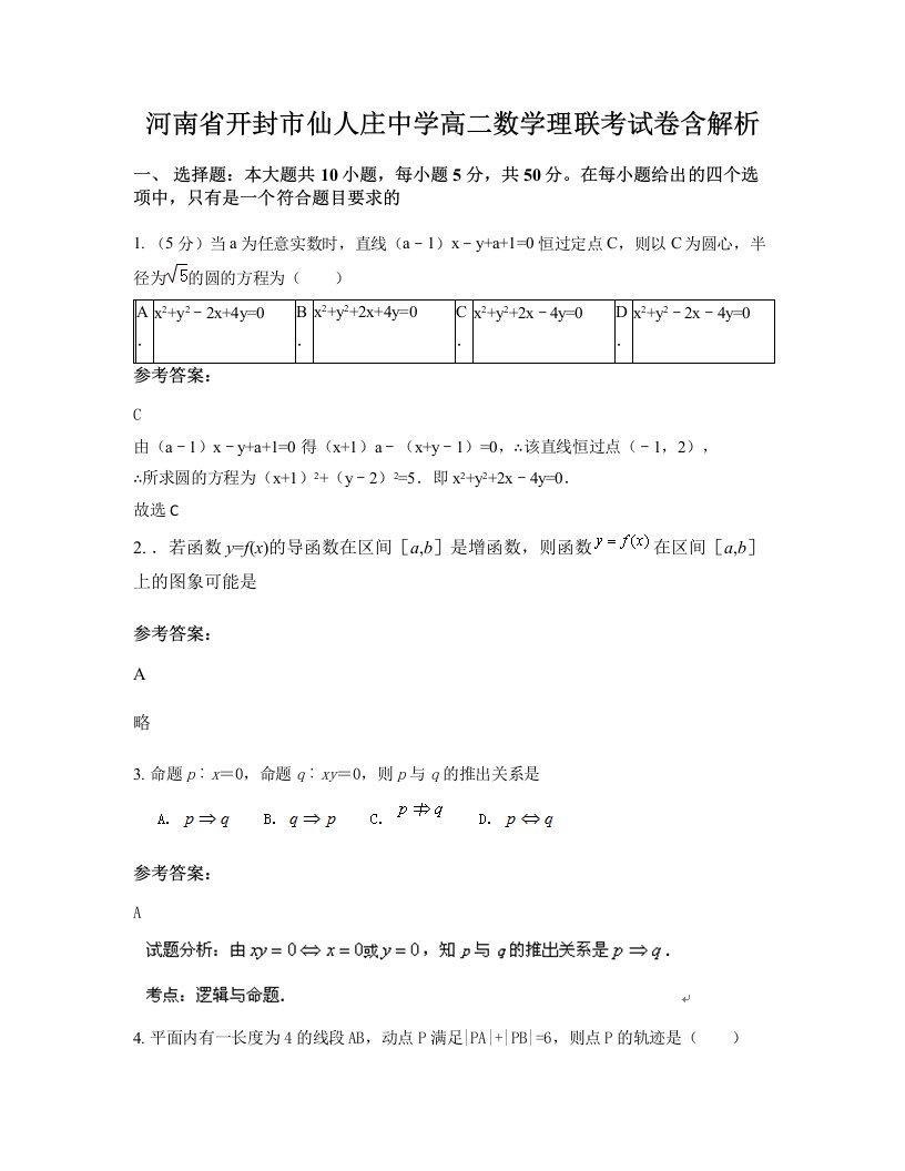 河南省开封市仙人庄中学高二数学理联考试卷含解析