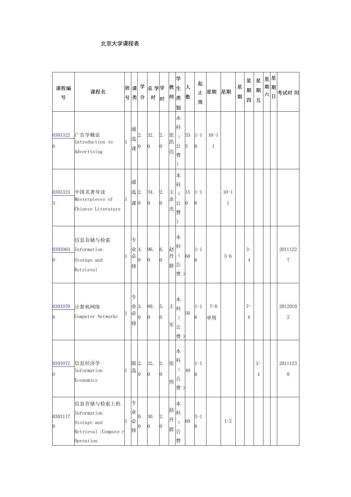 北京大学管理学课程表
