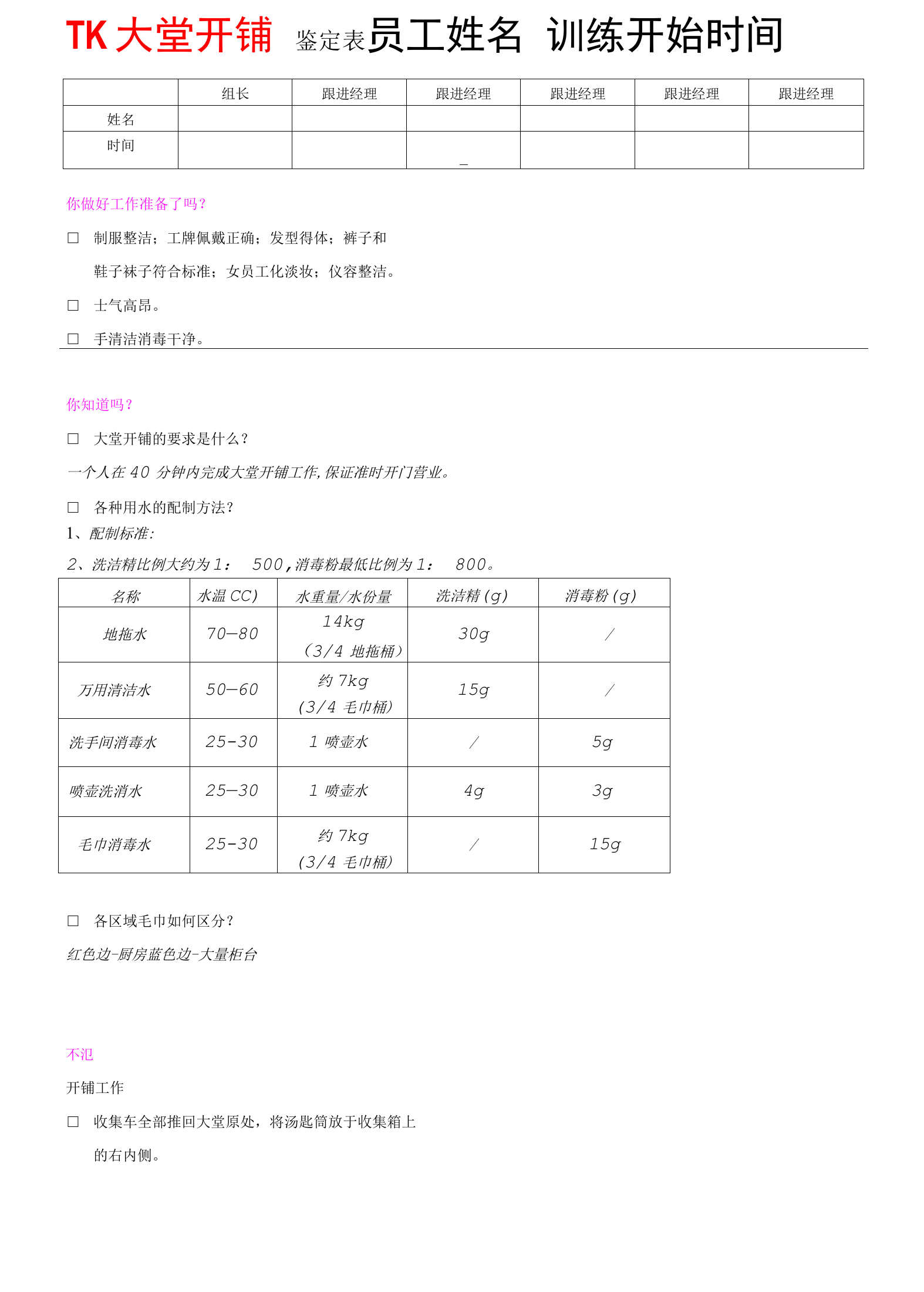 TK大堂开铺鉴定表