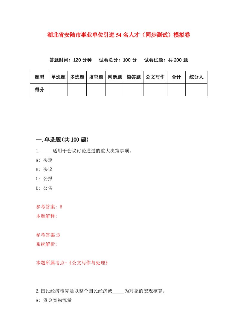 湖北省安陆市事业单位引进54名人才同步测试模拟卷第1期