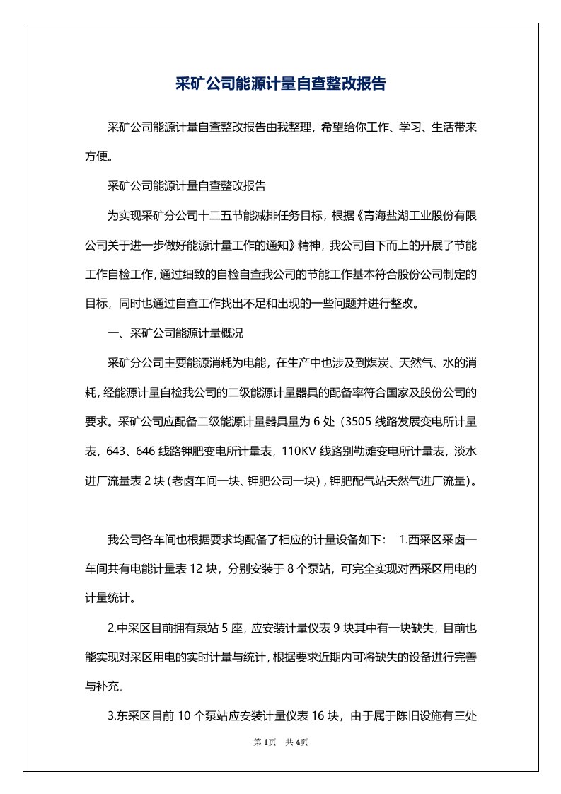 采矿公司能源计量自查整改报告