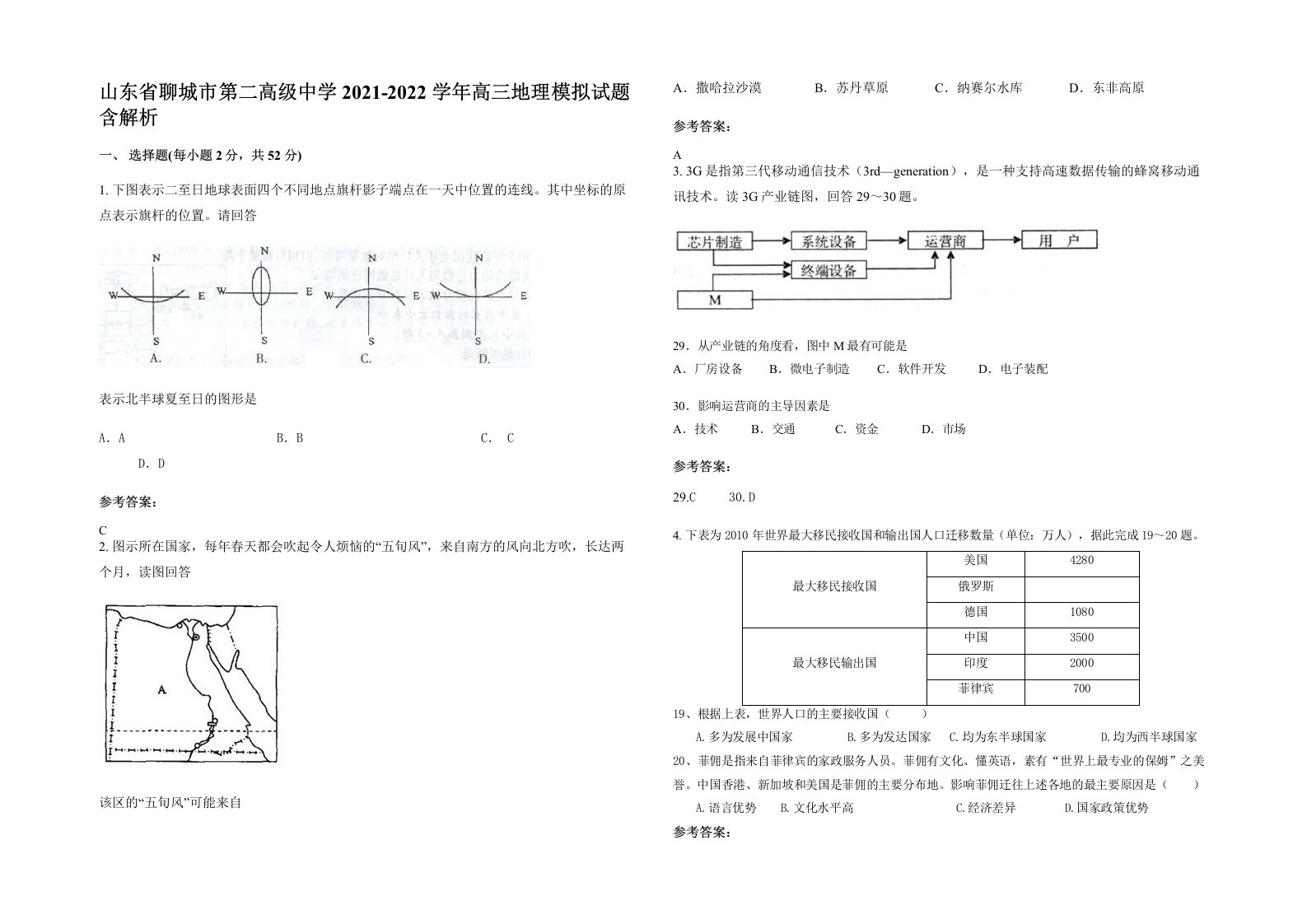 山东省聊城市第二高级中学2021-2022学年高三地理模拟试题含解析