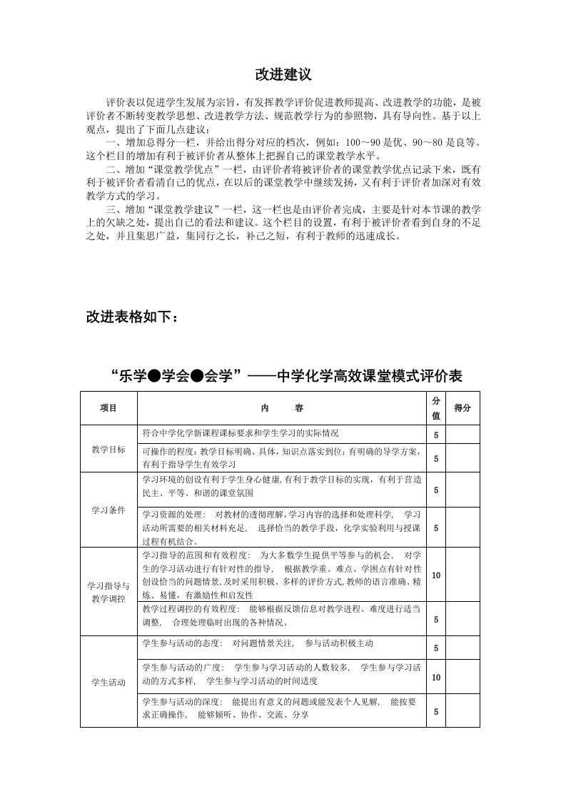 中学化学高效课堂模式评价表改进