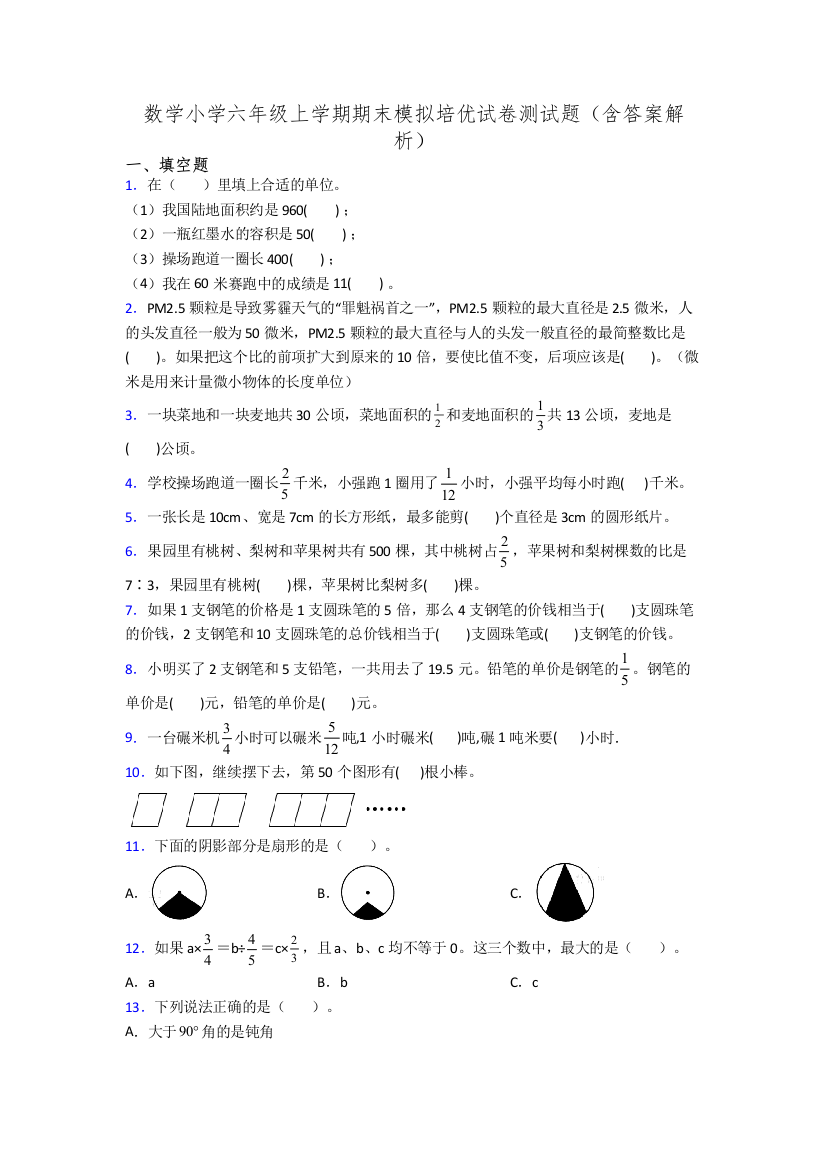 数学小学六年级上学期期末模拟培优试卷测试题(含答案解析)