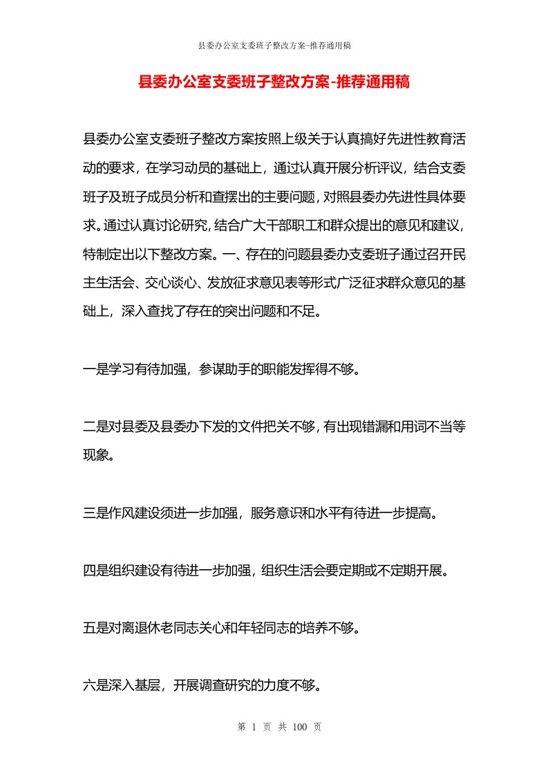 县委办公室支委班子整改方案