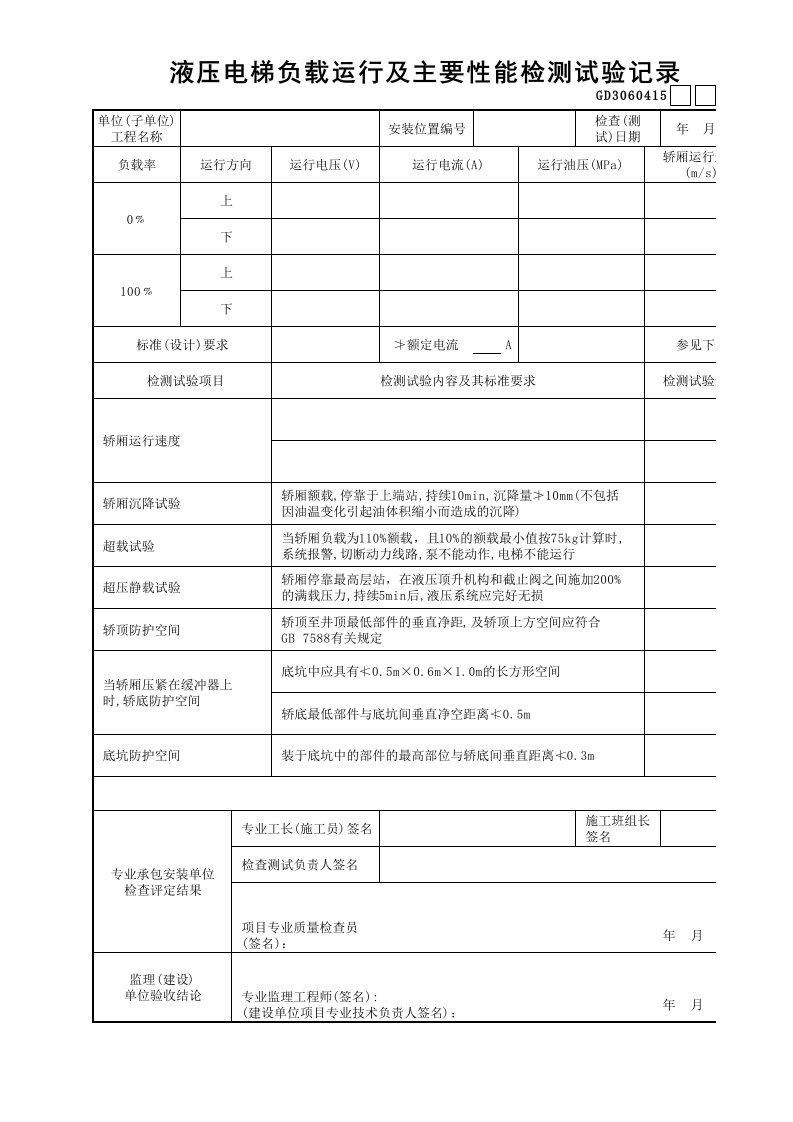 液压电梯负载运行及主要性能检测试验记录gd