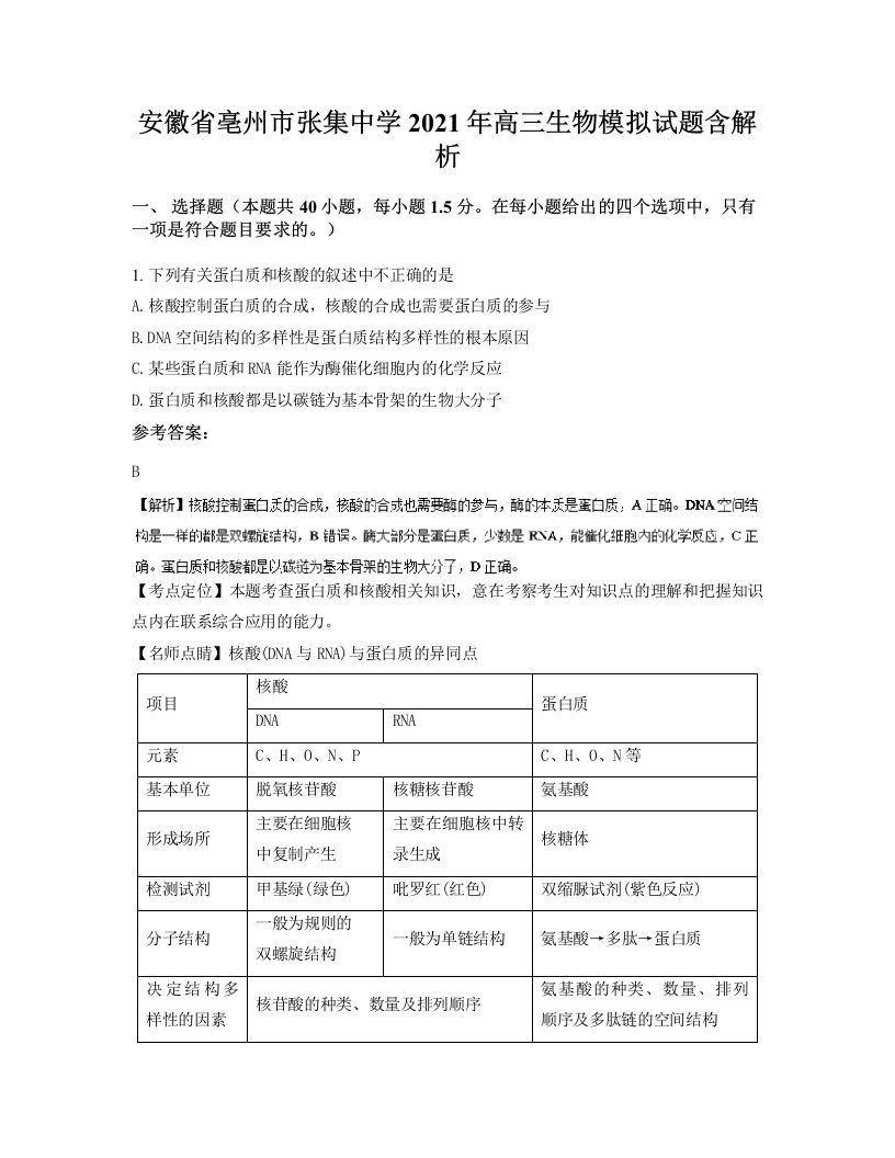 安徽省亳州市张集中学2021年高三生物模拟试题含解析