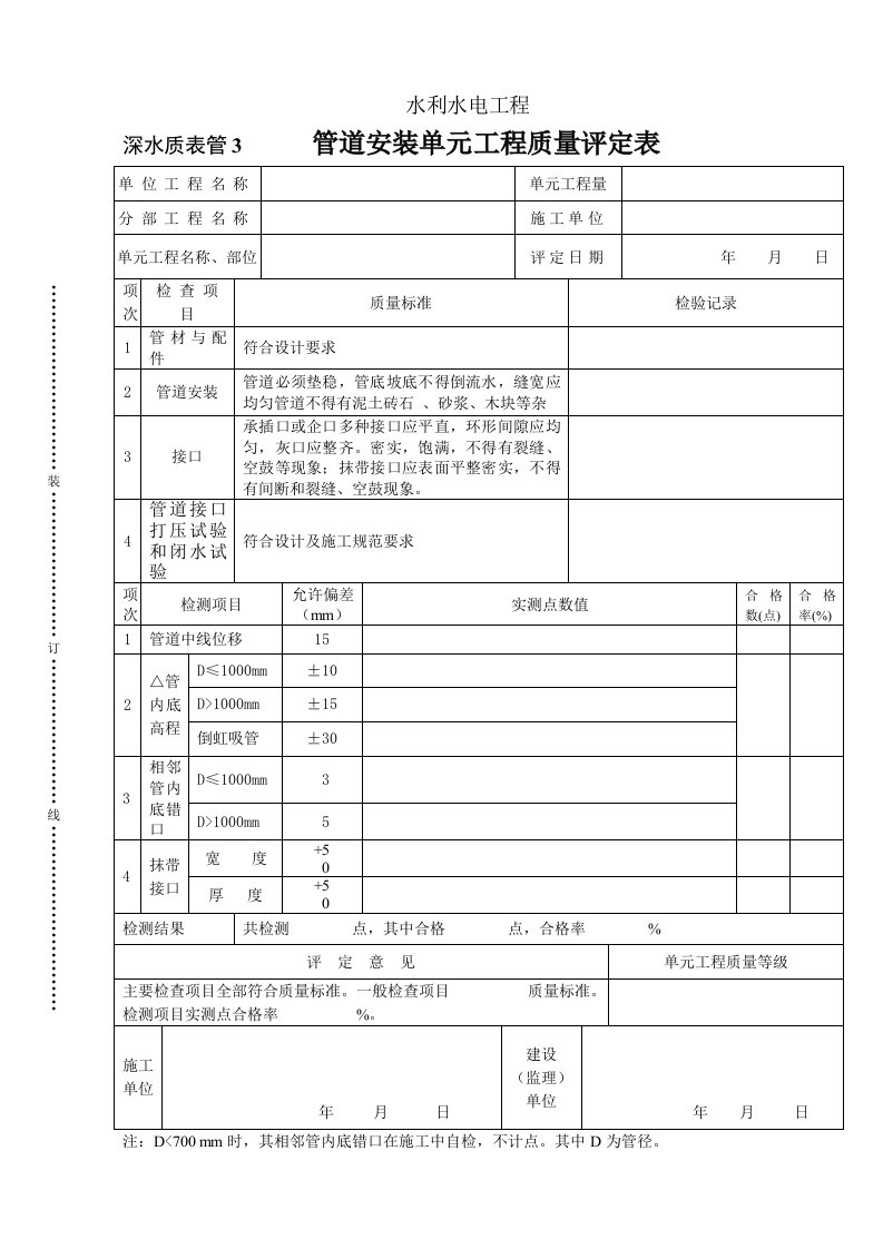 工程资料-深水质表管3管道安装单元工程质量评定表