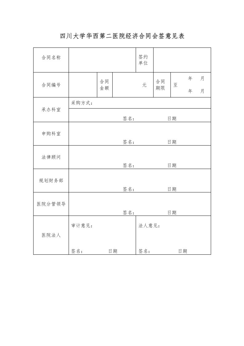 四川大学华西第二医院经济合同会签意见表