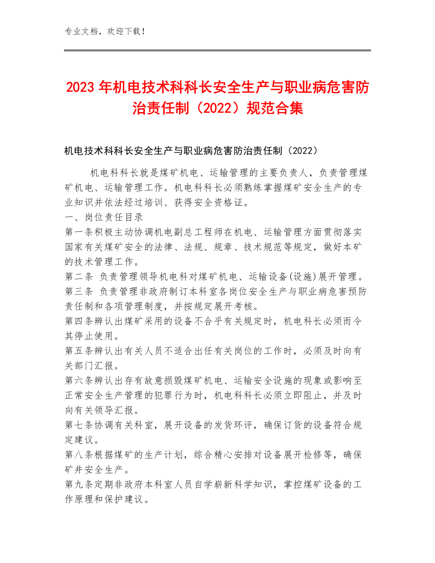 2023年机电技术科科长安全生产与职业病危害防治责任制（2022）规范合集