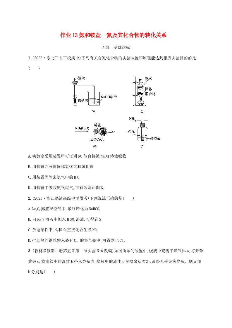 适用于新高考新教材浙江专版2025届高考化学一轮总复习第4章非金属及其化合物作业13氨和铵盐氮及其化合物的转化关系新人教版